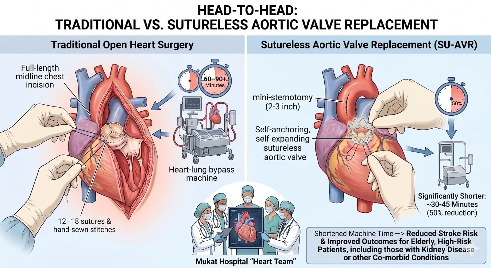 Sutureless heart surgery vs traditional open heart surgery comparison chart.
